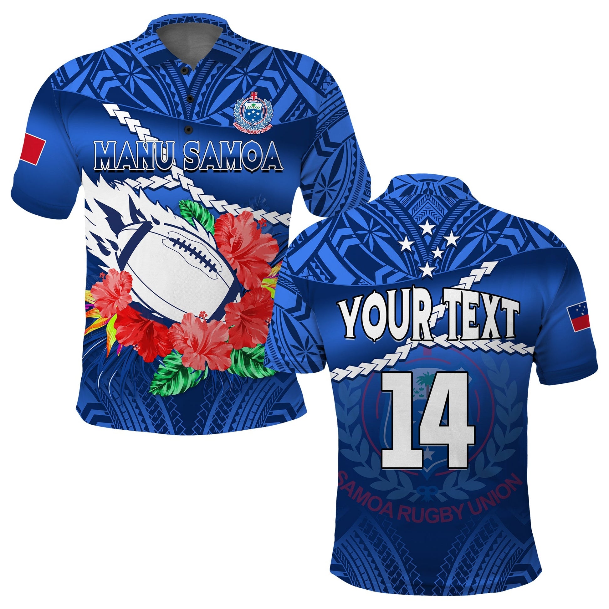 Custom Text And Number Samoa Rugby Polo Shirt Manu Samoa Polynesian Hibiscus Blue Style