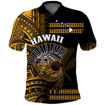Hawaii Polo Shirt Kakau Warrior Helmet Gradient Gold Polynesian