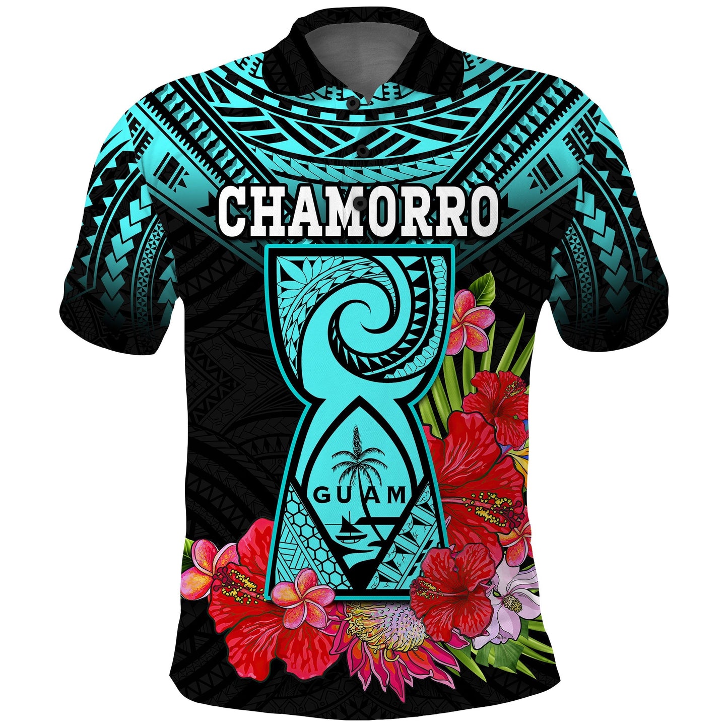Custom Personalised Guam Chamorro Polo Shirt Guaman Latte Stone Tropical Flowers Turquoise Style