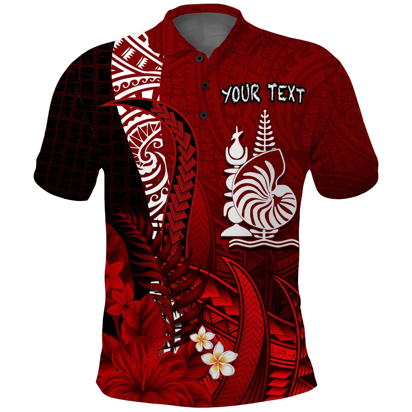 Custom Personalised New Caledonia Polo Shirt Nautilus Red Polynesian Hibiscus