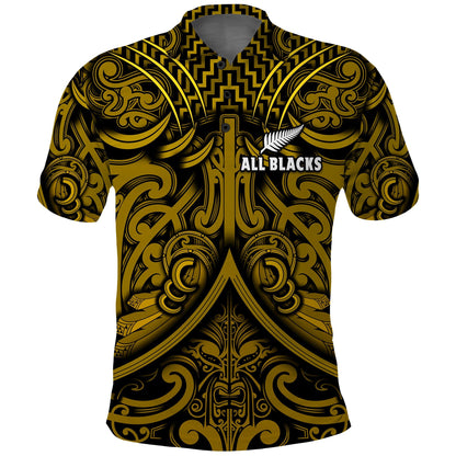 Custom Text and Number New Zealand Silver Fern Rugby Polo Shirt All Black Gold NZ Maori Pattern