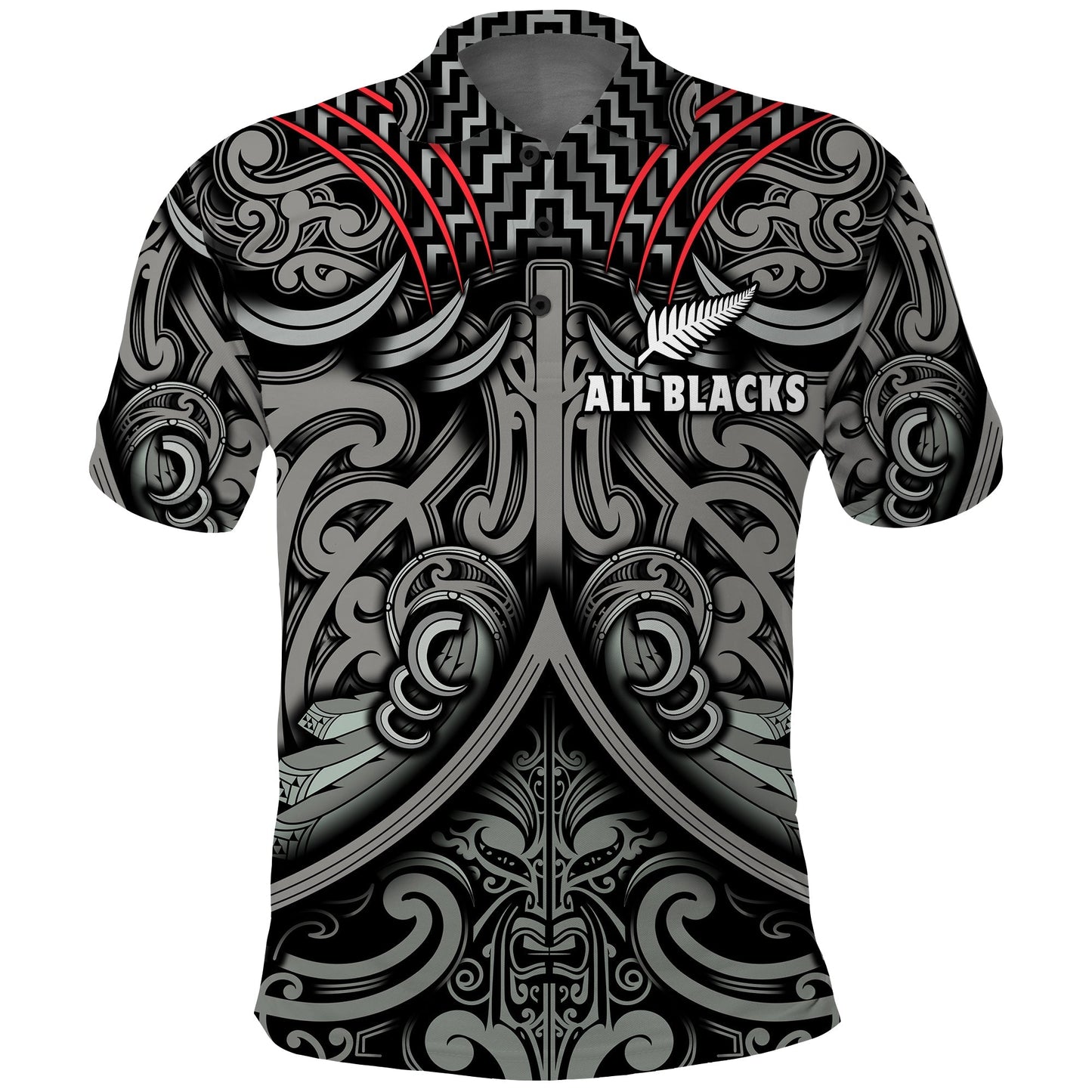 New Zealand Silver Fern Rugby Polo Shirt All Black NZ Maori Pattern