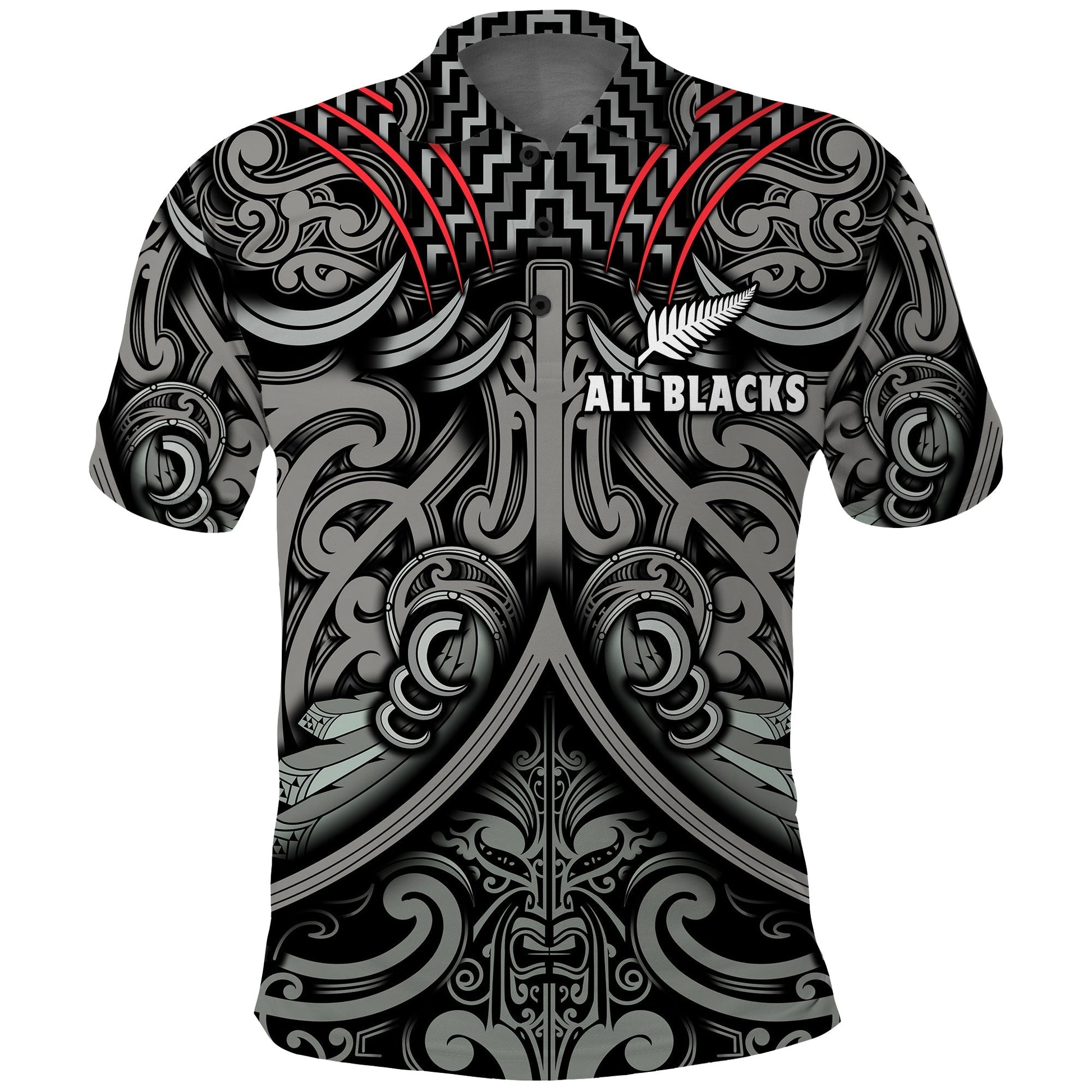 New Zealand Silver Fern Rugby Polo Shirt All Black NZ Maori Pattern