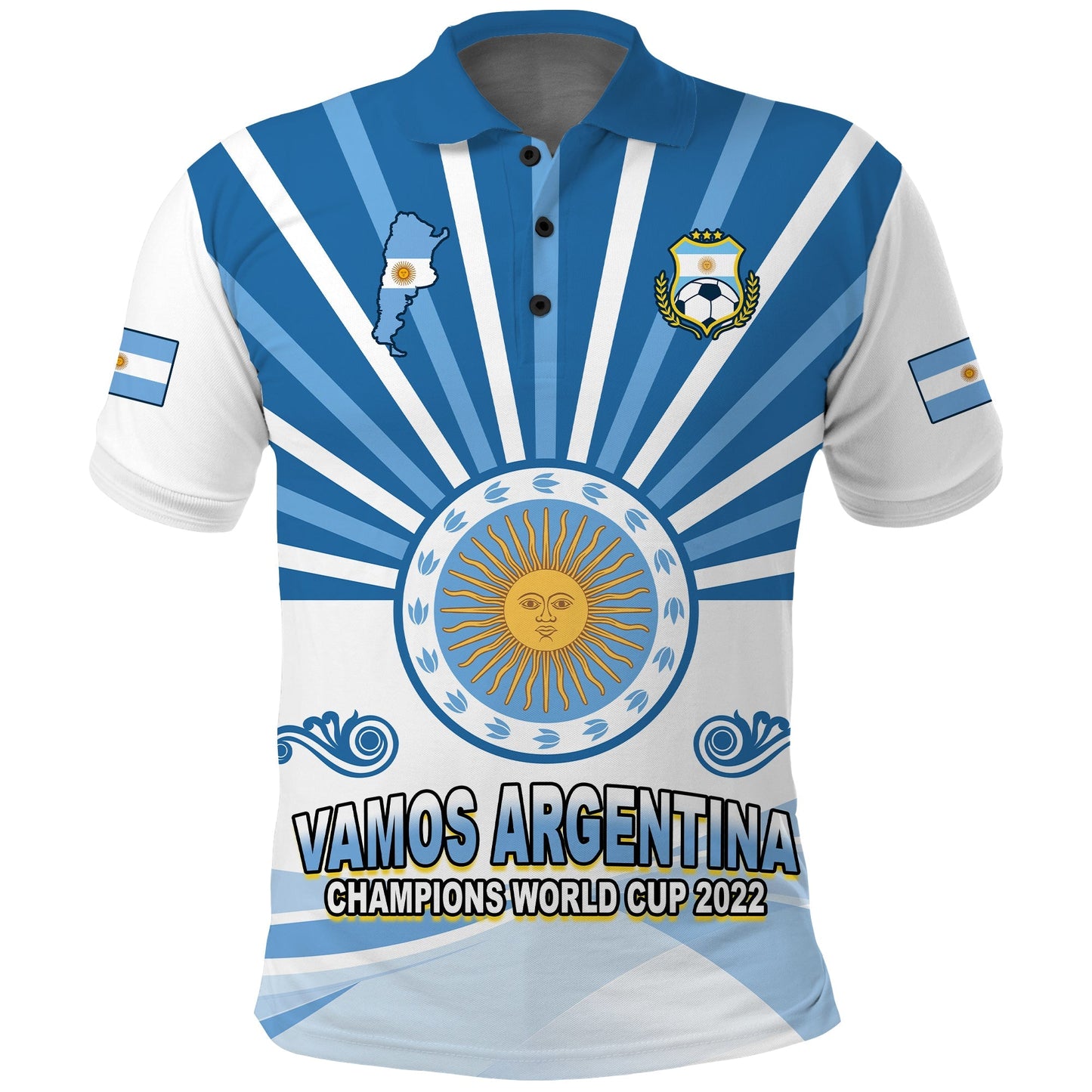 (Custom Text and Number) Argentina Football Polo Shirt The Sun WC2022 Soccer Vamos La Albiceleste