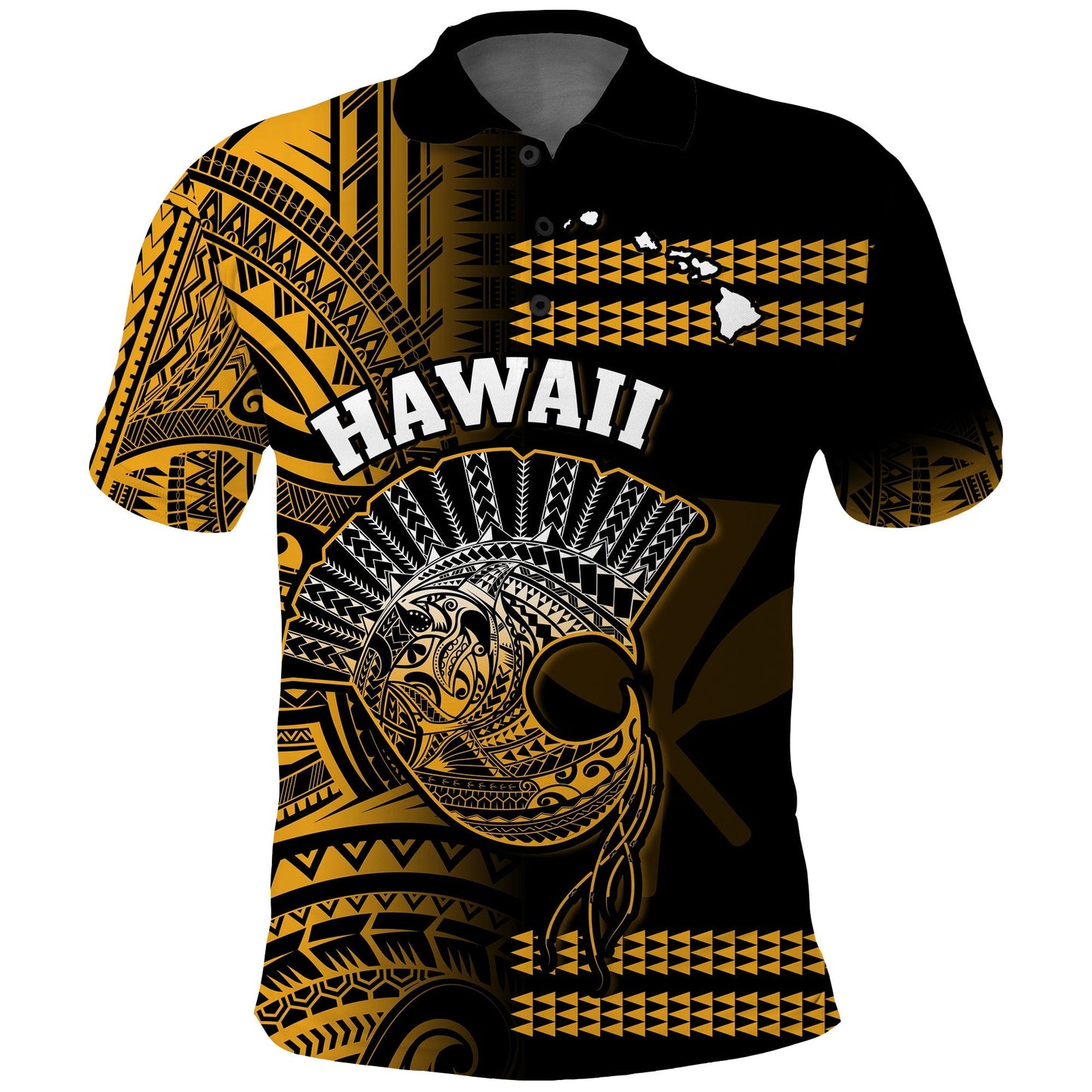Custom Personalised Hawaii Polo Shirt Kakau Warrior Helmet Gradient Gold Polynesian