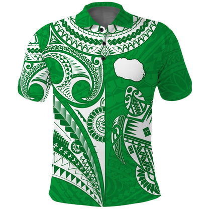 Rarotonga Cook Islands Polo Shirt Turtle and Map Style Green