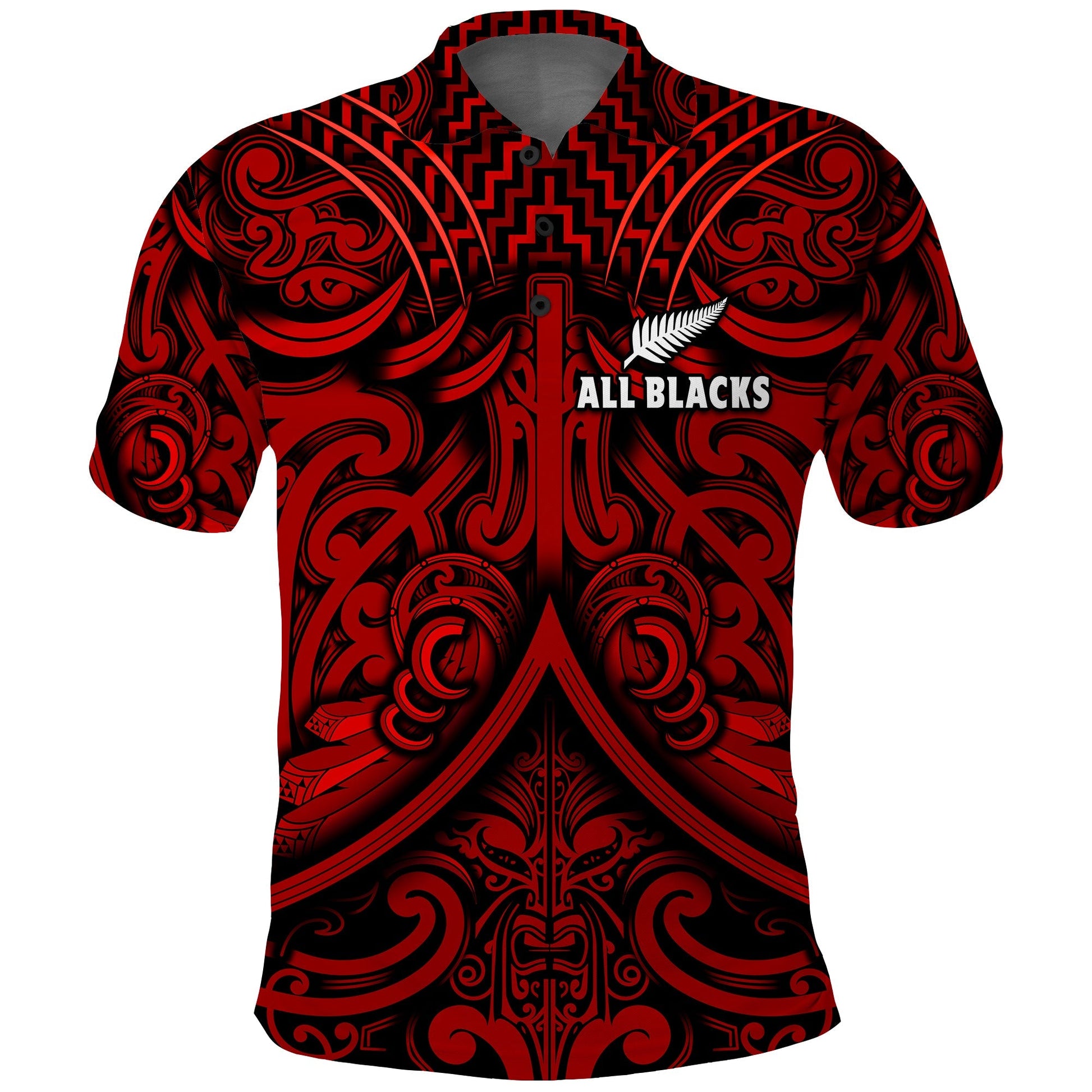 New Zealand Silver Fern Rugby Polo Shirt All Black Red NZ Maori Pattern