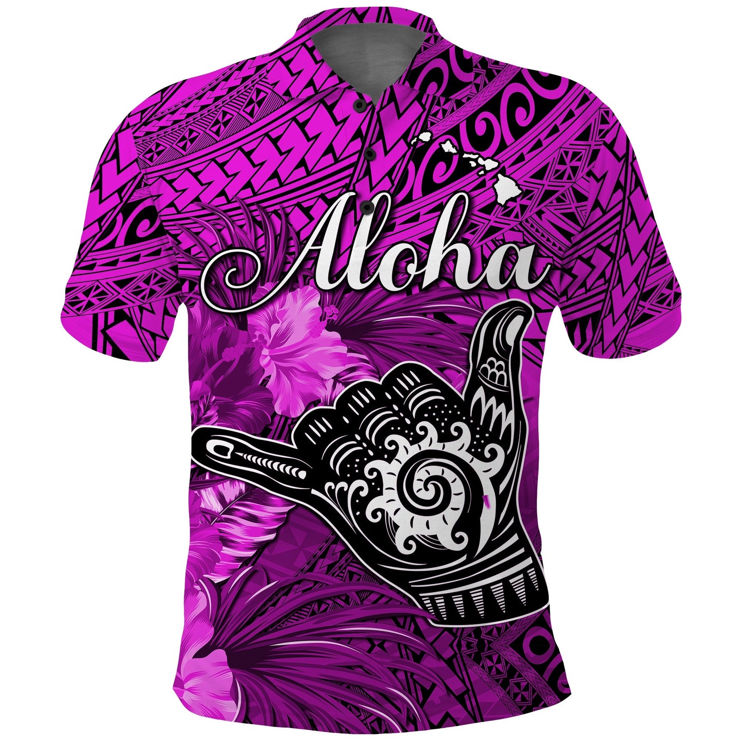 The Shaka Hawaii Polo Shirt Tropical Flowers Purple Version