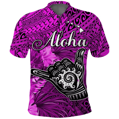 The Shaka Hawaii Polo Shirt Tropical Flowers Purple Version