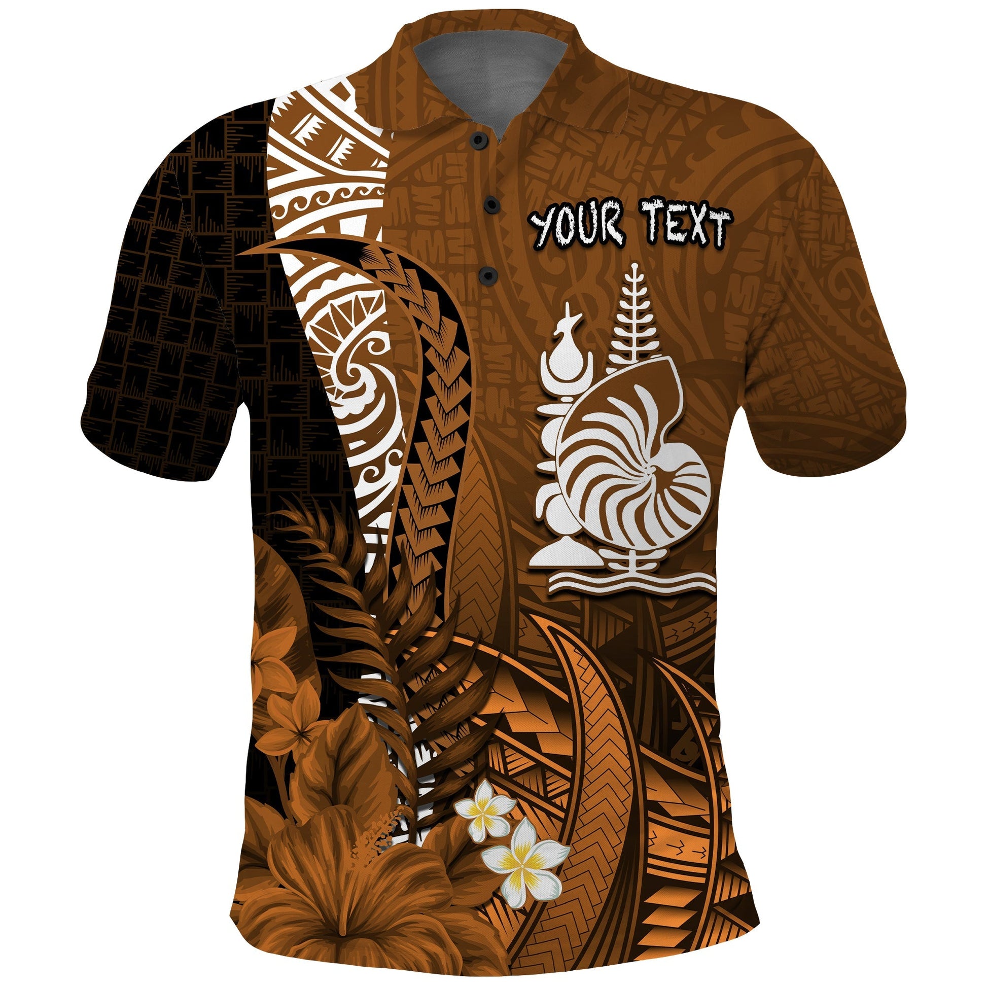 Custom Personalised New Caledonia Polo Shirt Nautilus Gold Polynesian Hibiscus
