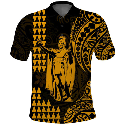 Hawaii Day Kakau Polo Shirt Proud To Be Hawaiian Gold King Kamehameha and Kanaka Maoli
