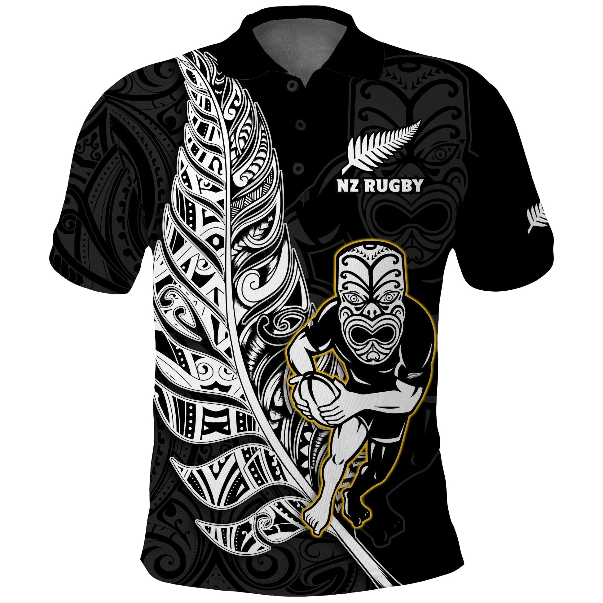 Custom Text And Number New Zealand Silver Fern Rugby Polo Shirt All Black Maori Version Black