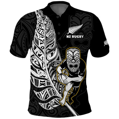 Custom Text And Number New Zealand Silver Fern Rugby Polo Shirt All Black Maori Version Black