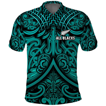 Custom Text and Number New Zealand Silver Fern Rugby Polo Shirt All Black Turquoise NZ Maori Pattern