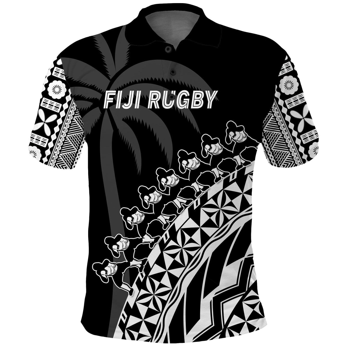 Custom Text And Number Fiji Rugby Polo Shirt Fijian Cibi Dance Tapa Pattern Black
