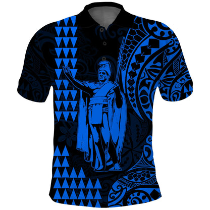 Hawaii Day Kakau Polo Shirt Proud To Be Hawaiian Blue King Kamehameha and Kanaka Maoli