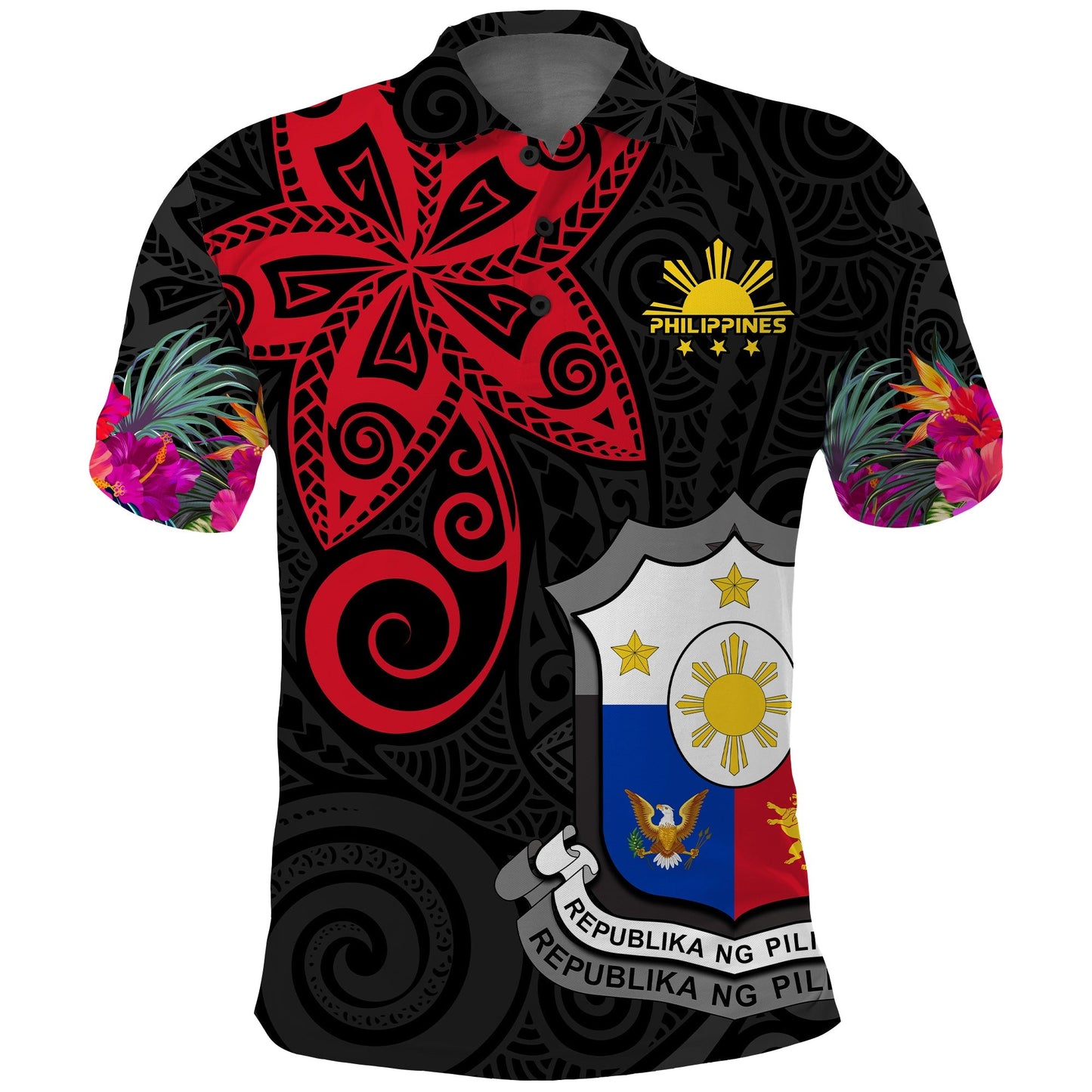 Custom Personalised Philippines Polo Shirt Sun Filipino Polynesian mix Flowers Black Vibe