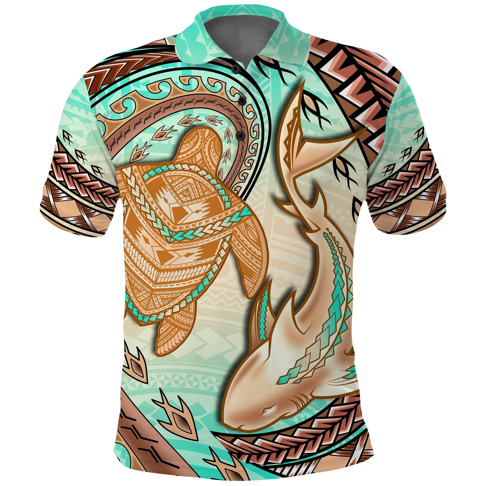 Hawaii Polo Shirt Polynesian Shark And Sea Turtle Dreamy Turquoise Artsy