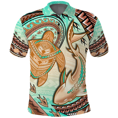 Hawaii Polo Shirt Polynesian Shark And Sea Turtle Dreamy Turquoise Artsy