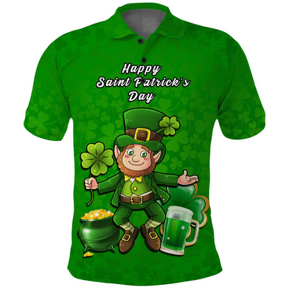 Custom Ireland Polo Shirt Saint Patricks Day Happy Leprechaun And Shamrock