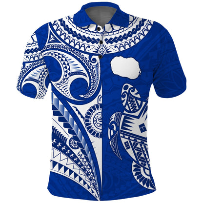 Rarotonga Cook Islands Polo Shirt Turtle and Map Style Blue