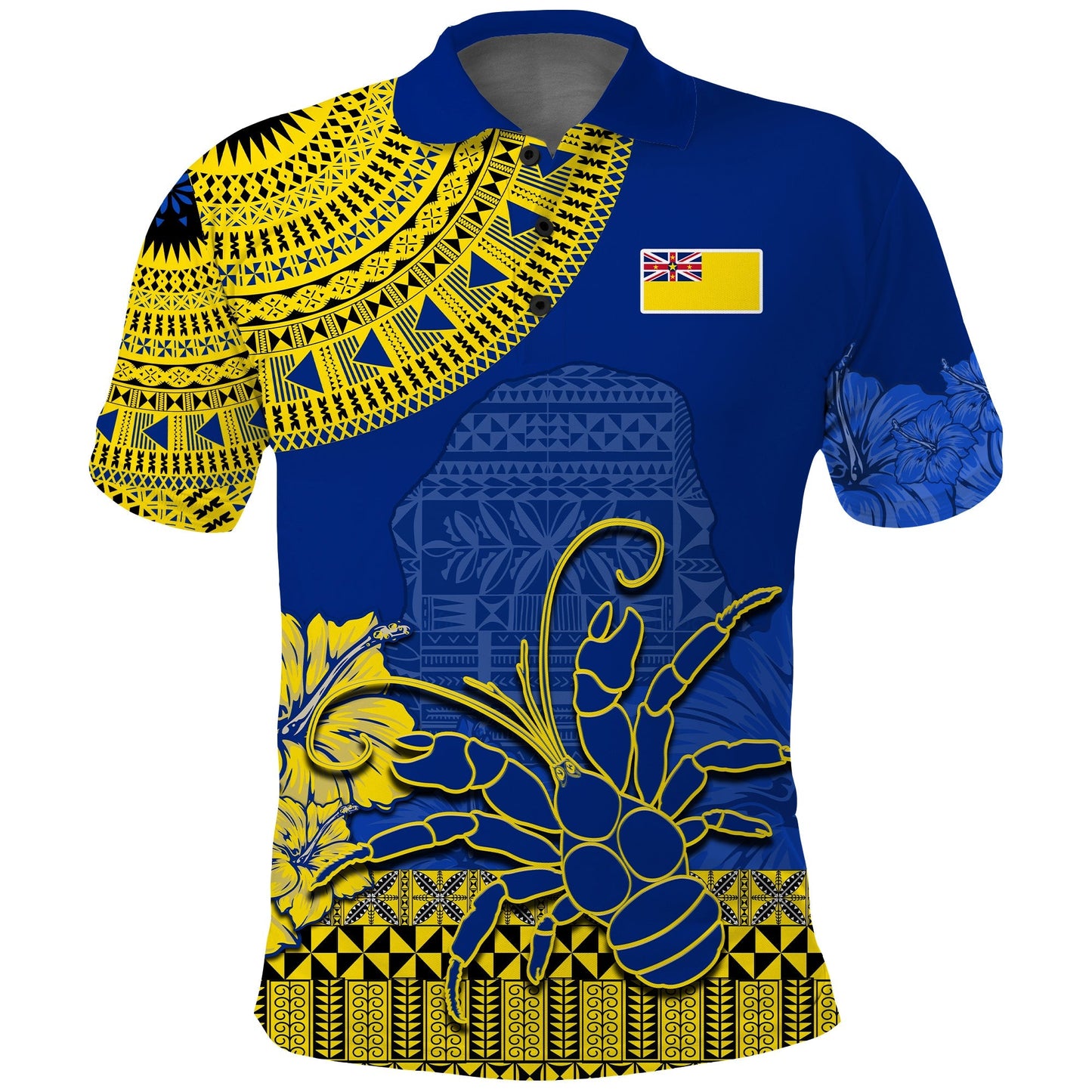 Niue Hiapo Polo Shirt Rock of Polynesia Tapa Niuean Crab Happy Day