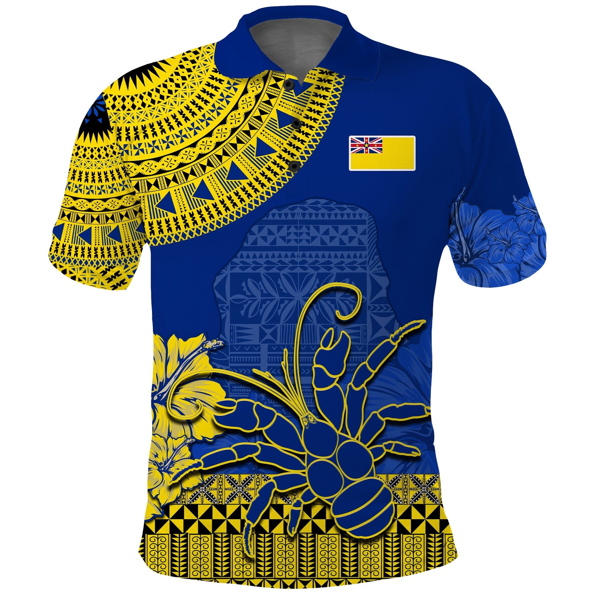 Niue Hiapo Polo Shirt Rock of Polynesia Tapa Niuean Crab Happy Day