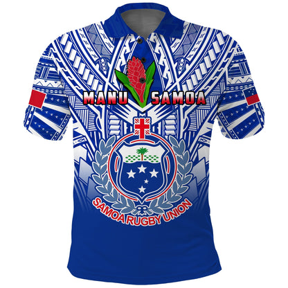 Custom Text And Number Samoa Rugby Polo Shirt Manu Samoa 7s Ginger Blue Polynesian