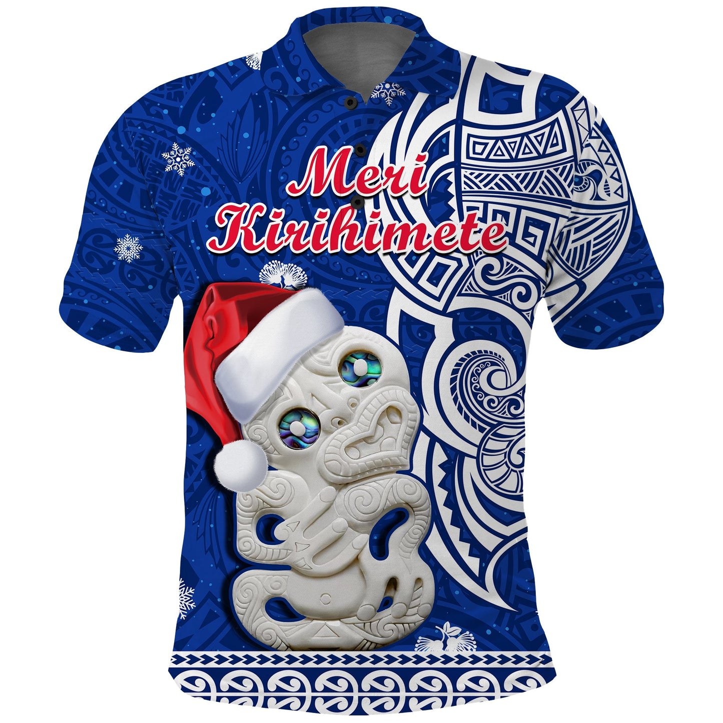 New Zealand Christmas Polo Shirt Hei Tiki Blue Pohutukawa Meri Kirihimete