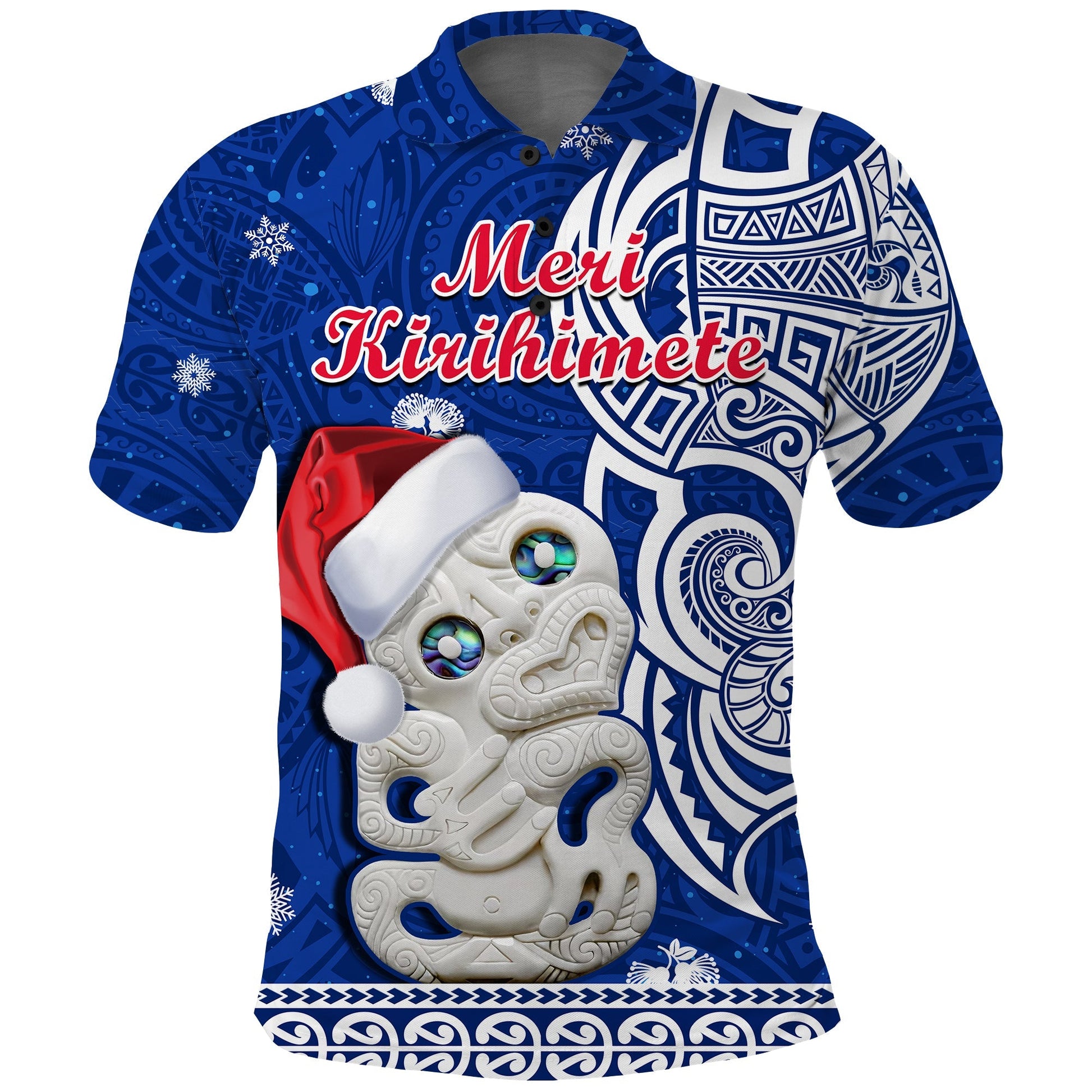 New Zealand Christmas Polo Shirt Hei Tiki Blue Pohutukawa Meri Kirihimete