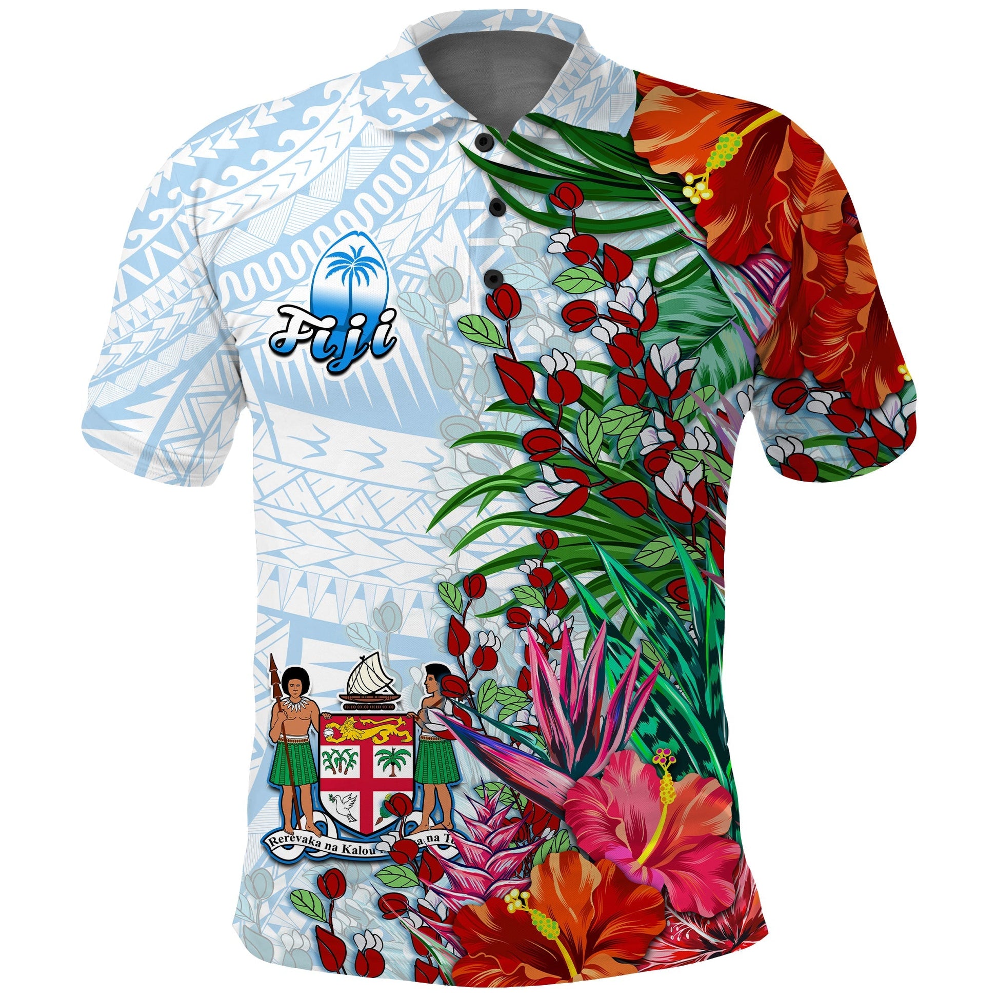 Fiji Polo Shirt Proud Fijian Tapa mix Tagimoucia Flowers