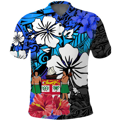 Custom Text and Number Fiji Tie Dye Polo Shirt Polynesian Blue Tribal Creative Tropical Flowers