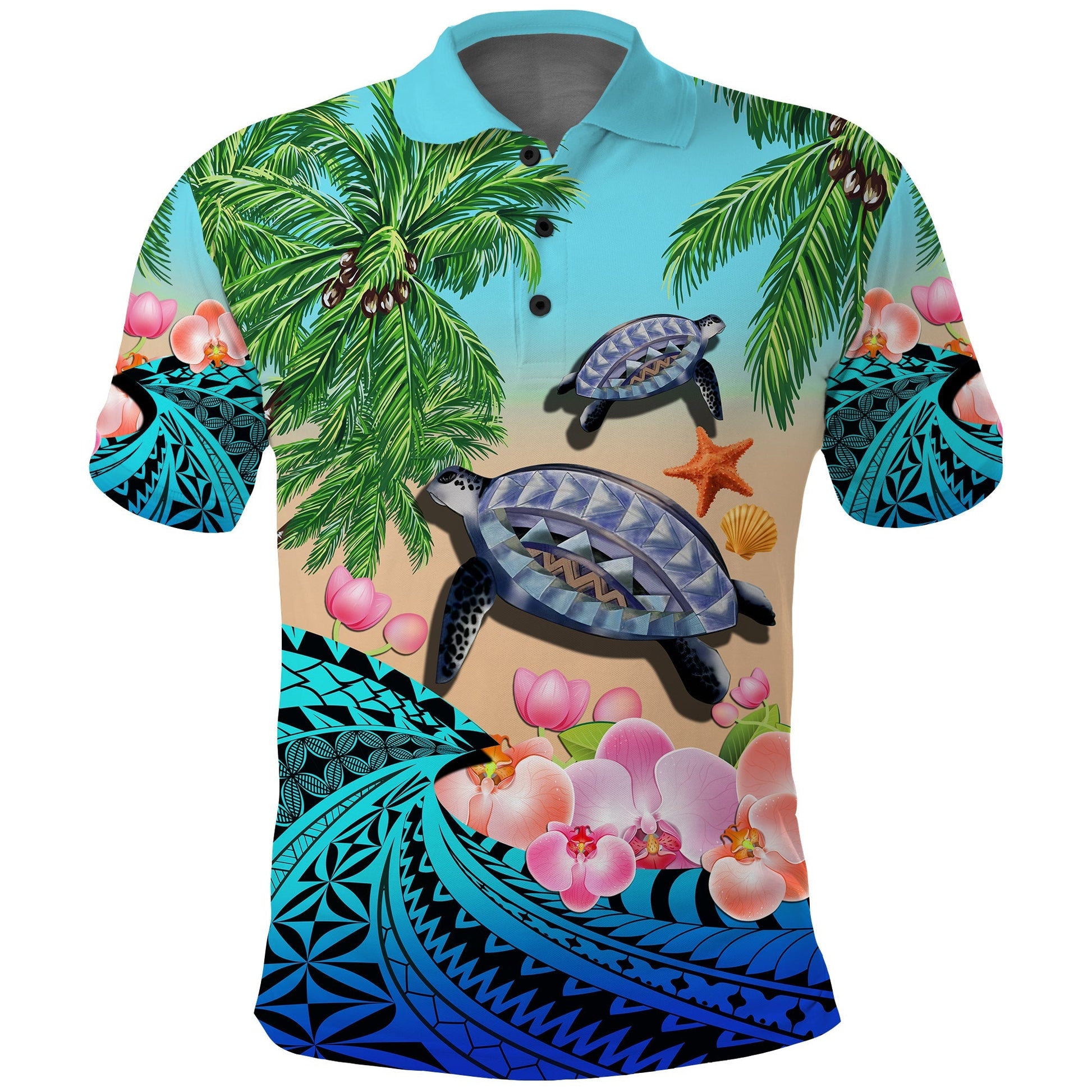 Polynesian Turtle Coconut Tree And Orchids Polo Shirt
