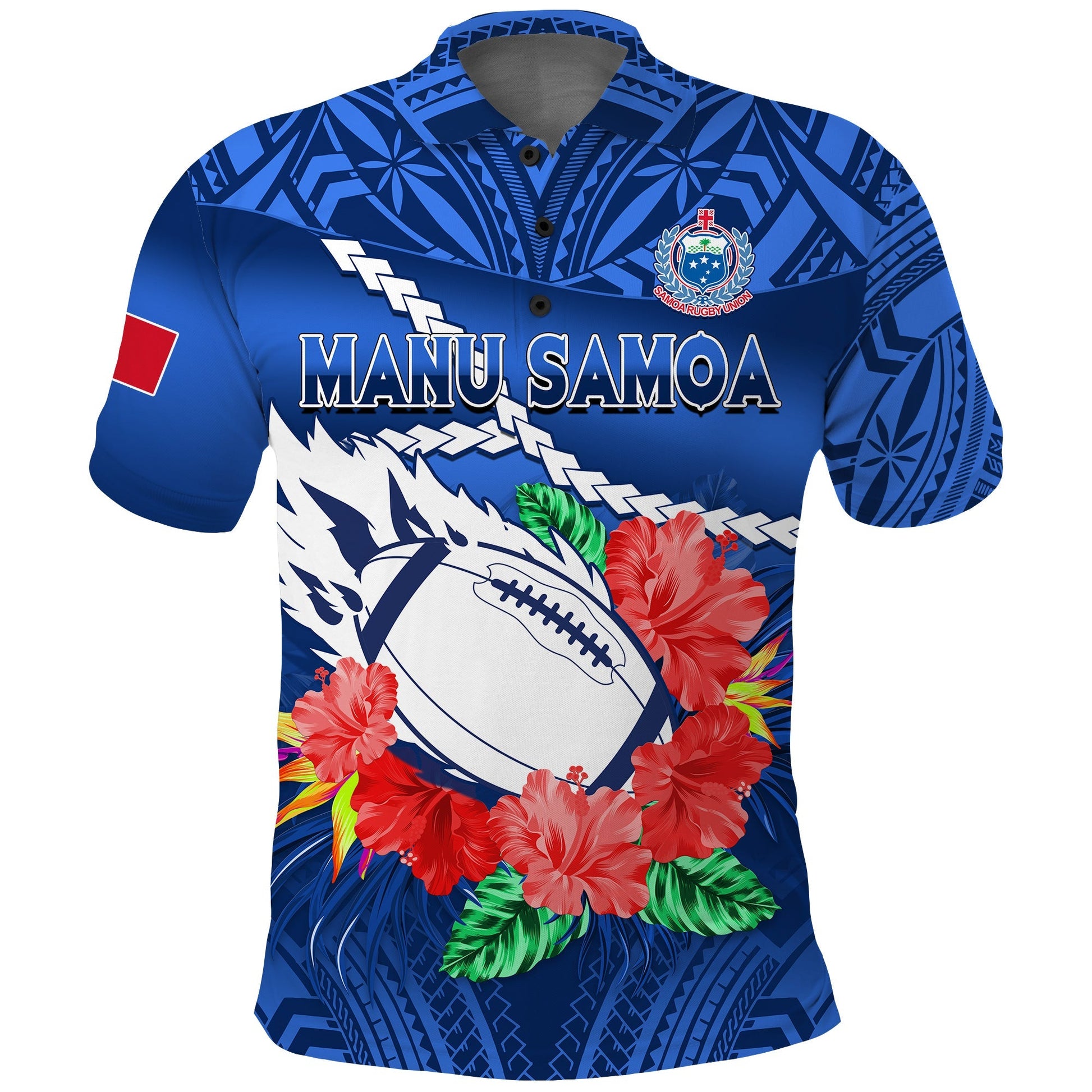 Samoa Rugby Polo Shirt Manu Samoa Polynesian Hibiscus Blue Style
