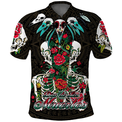 Mexico Polo Shirt Floral Skull Dia De Los Muertos