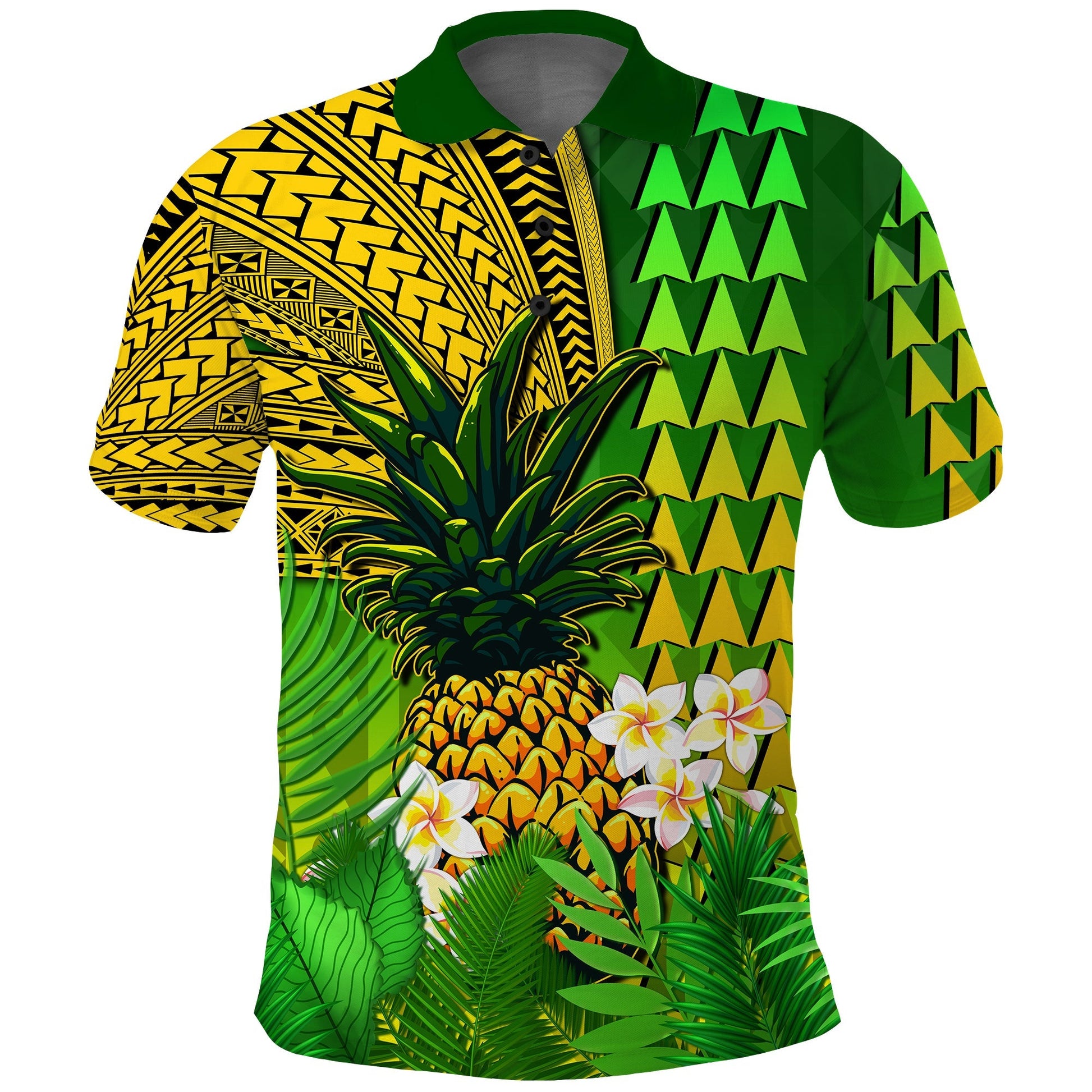 Hawaii Pineapple Polo Shirt Plumeria Frangipani Mix Tribal Pattern