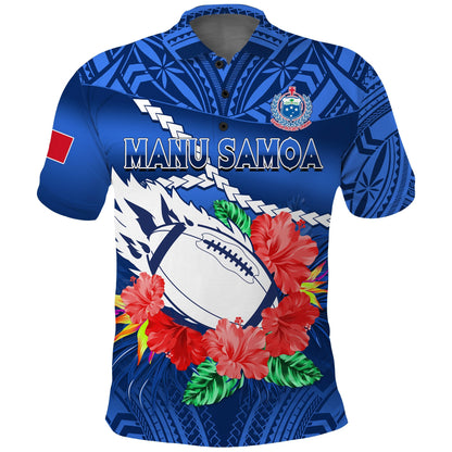 Custom Text And Number Samoa Rugby Polo Shirt Manu Samoa Polynesian Hibiscus Blue Style