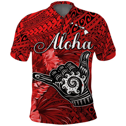 Custom Personalised The Shaka Hawaii Polo Shirt Tropical Flowers Red Version