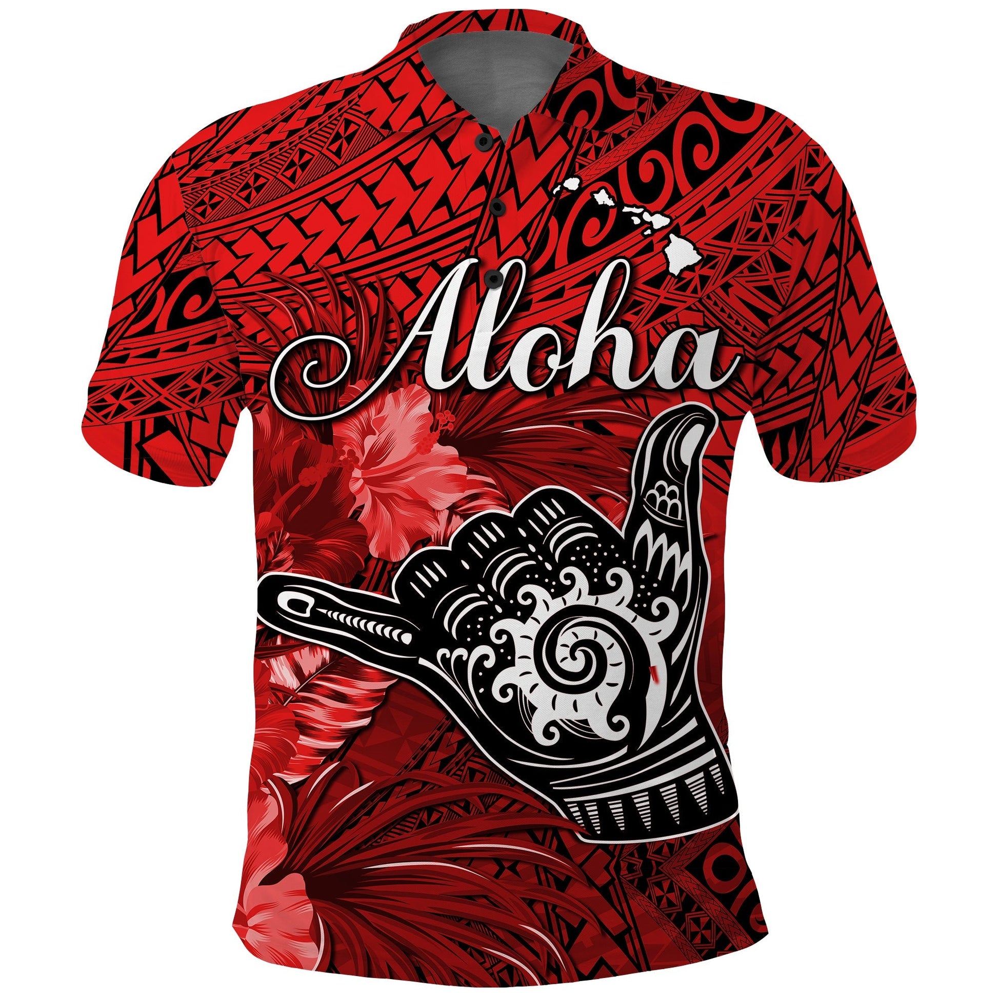 The Shaka Hawaii Polo Shirt Tropical Flowers Red Version