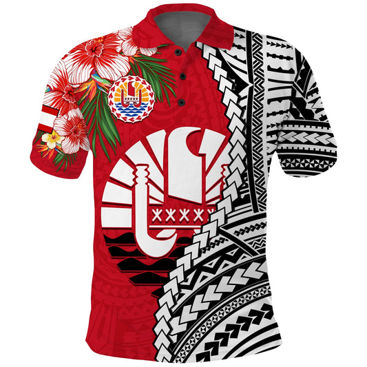 Tahiti Islands Polo Shirt Polynesian Shark Mix Tropical Flowers