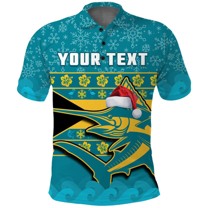 Custom Bahamas Polo Shirt Bahamian Blue Marlin Merry Chirstmas