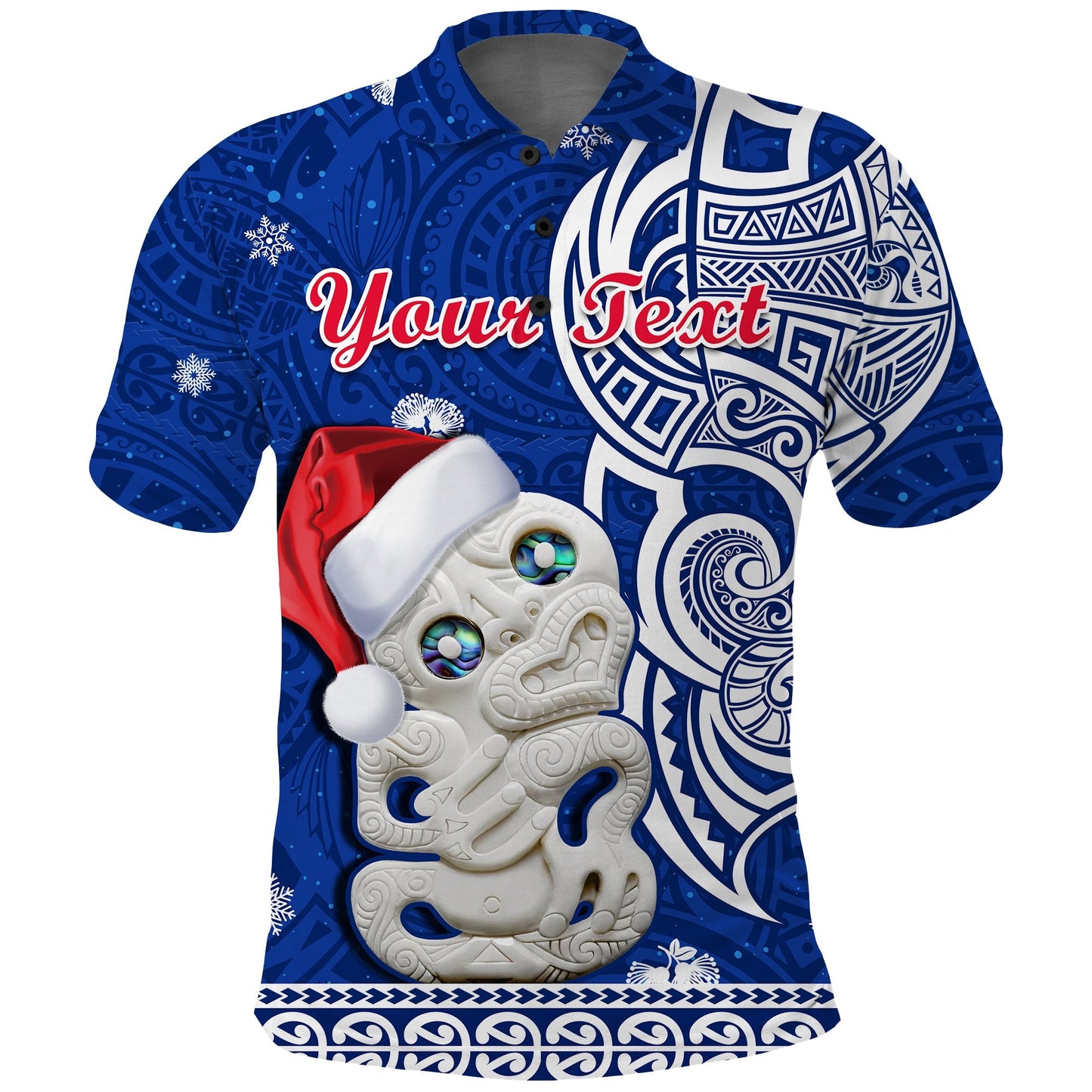 Custom Personalised New Zealand Christmas Polo Shirt Hei Tiki Blue Pohutukawa Meri Kirihimete