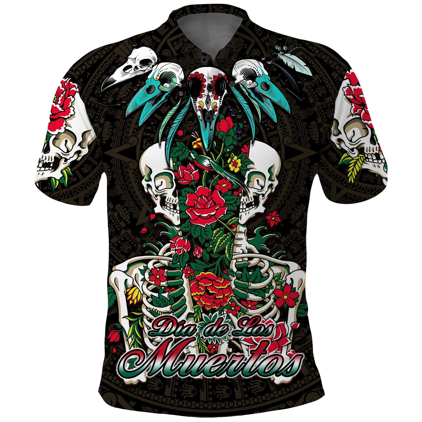 Mexico Polo Shirt Floral Skull Dia De Los Muertos
