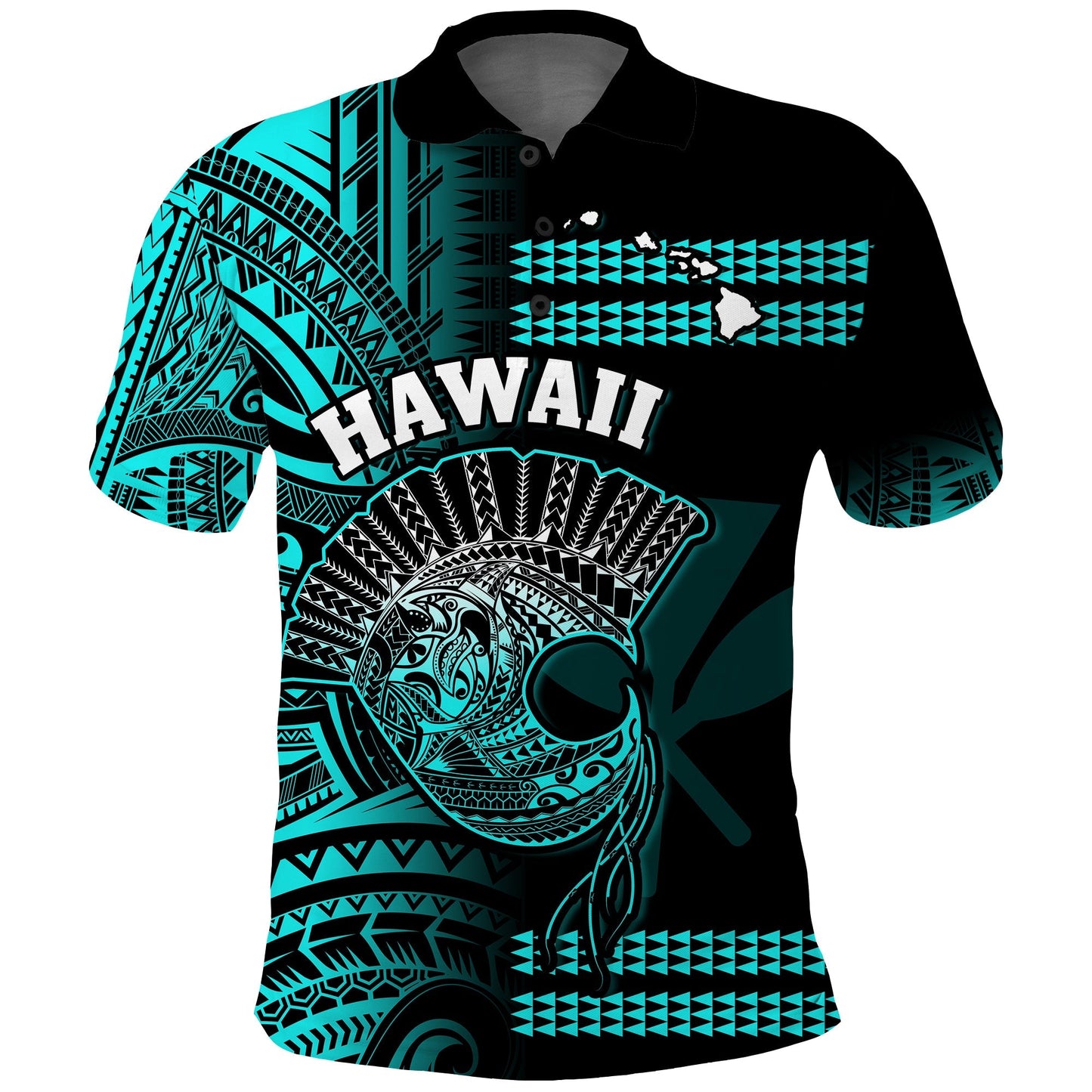 Hawaii Polo Shirt Kakau Warrior Helmet Gradient Turquoise Polynesian