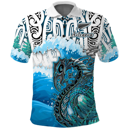 Custom Personalised Manaia Maori Polo Shirt Fern Aotearoa Blue Waves