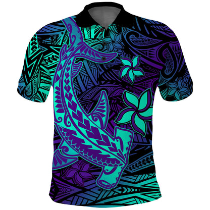 Custom Personalised Polynesian Polo Shirt Purple Paradise Hawaiian Tribal Hammerhead Shark