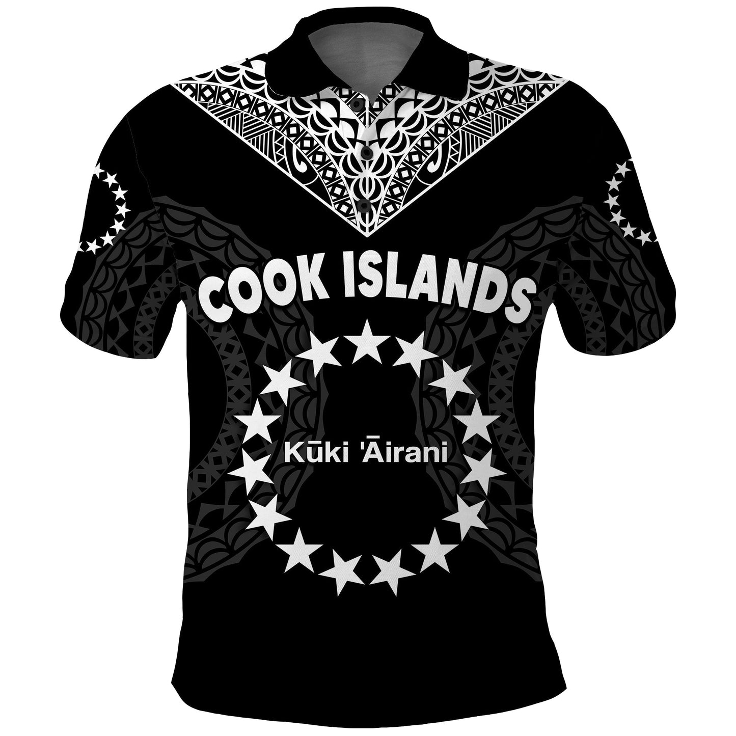 Cook Islands Polo Shirt Circle Pattern Mix Sea Turtle Black Version