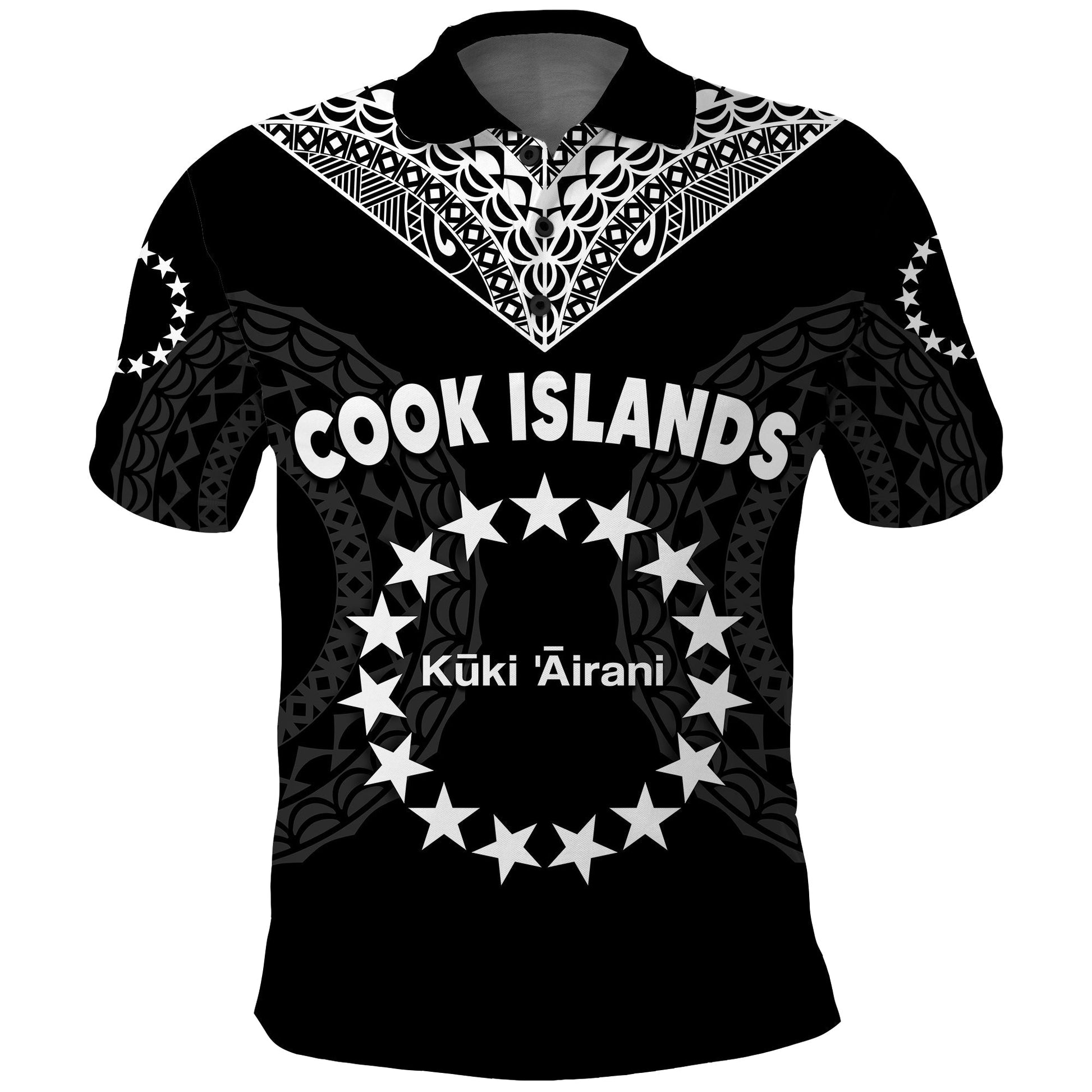 Cook Islands Polo Shirt Circle Pattern Mix Sea Turtle Black Version