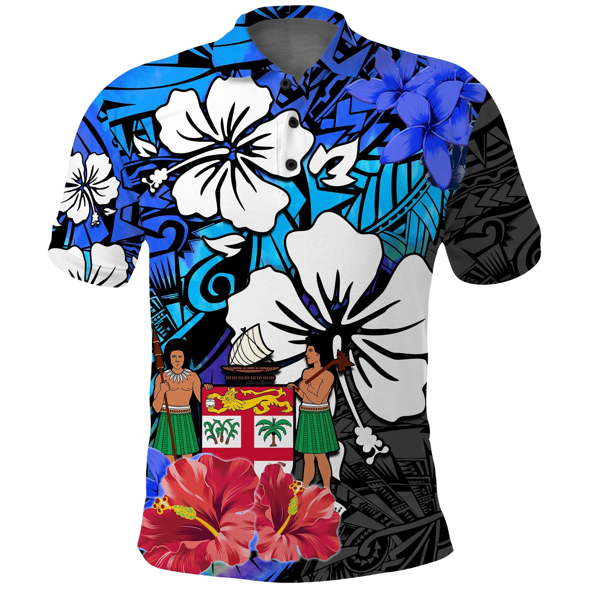 Fiji Tie Dye Polo Shirt Polynesian Blue Tribal Creative Tropical Flowers