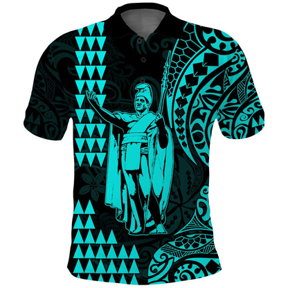 Hawaii Day Kakau Polo Shirt Proud To Be Hawaiian Turquoise King Kamehameha and Kanaka Maoli
